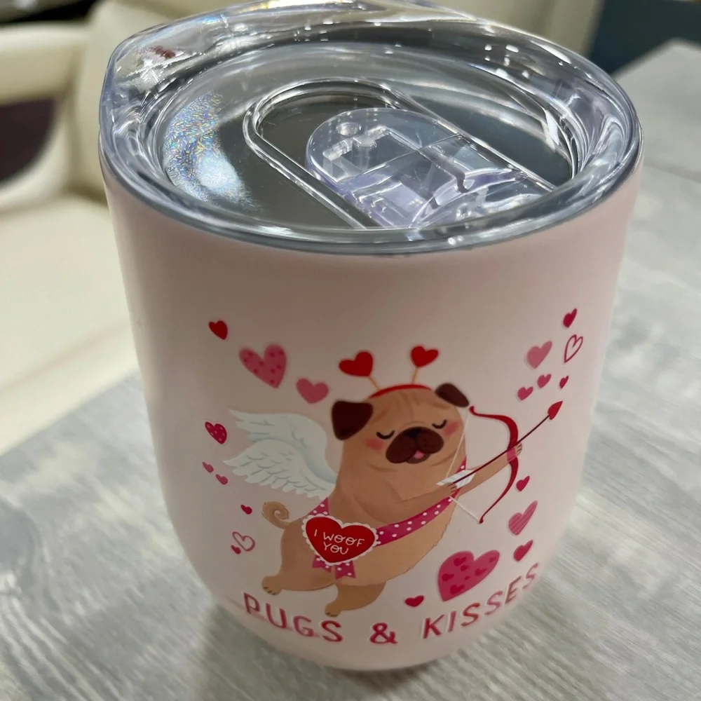 Valentine Pugs and Kisses Clementine Stainless Steel Insulated Mug Cup NWT